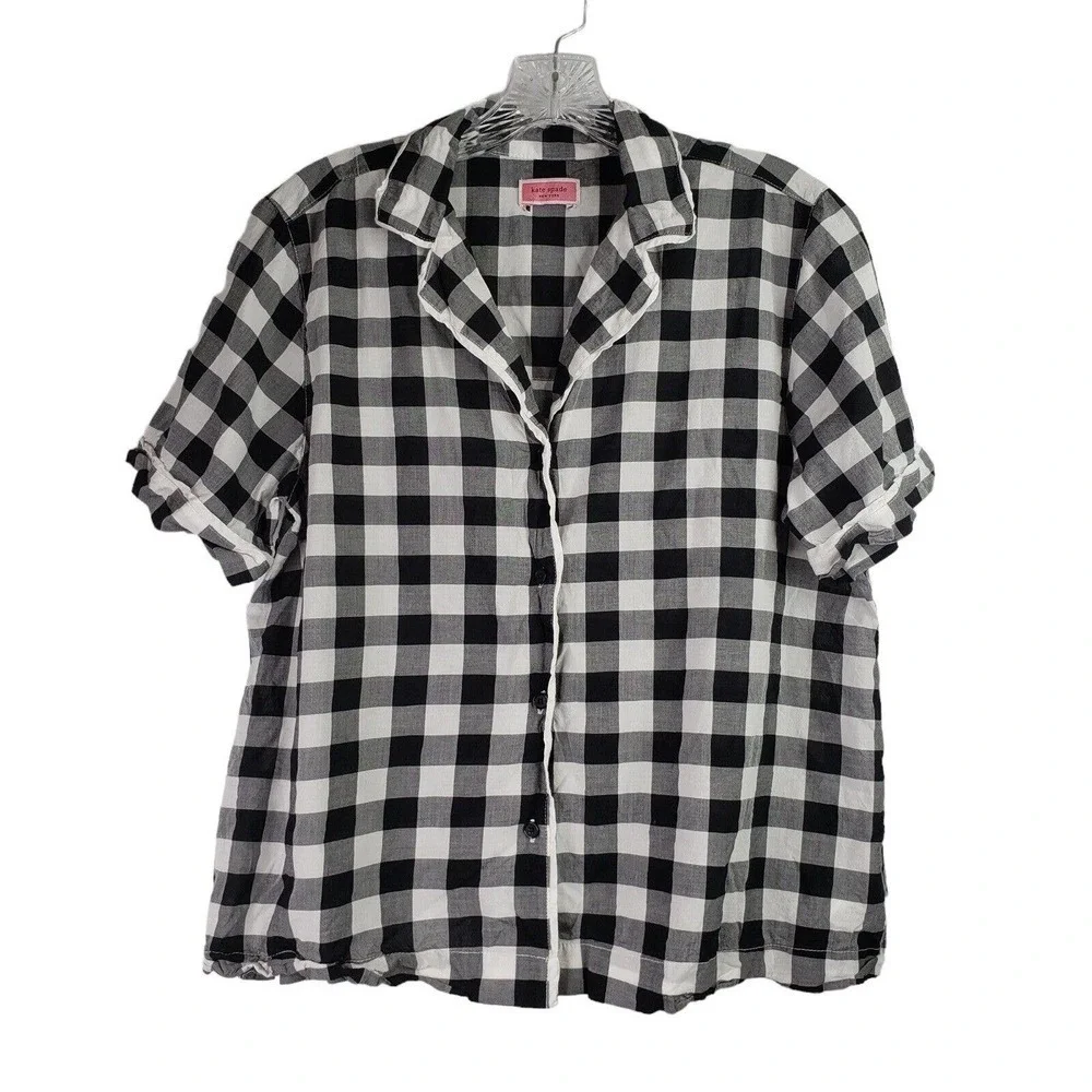 Kate Spade Womens Top Large Gingham Button Down Shirt Cotton Short Sleeve